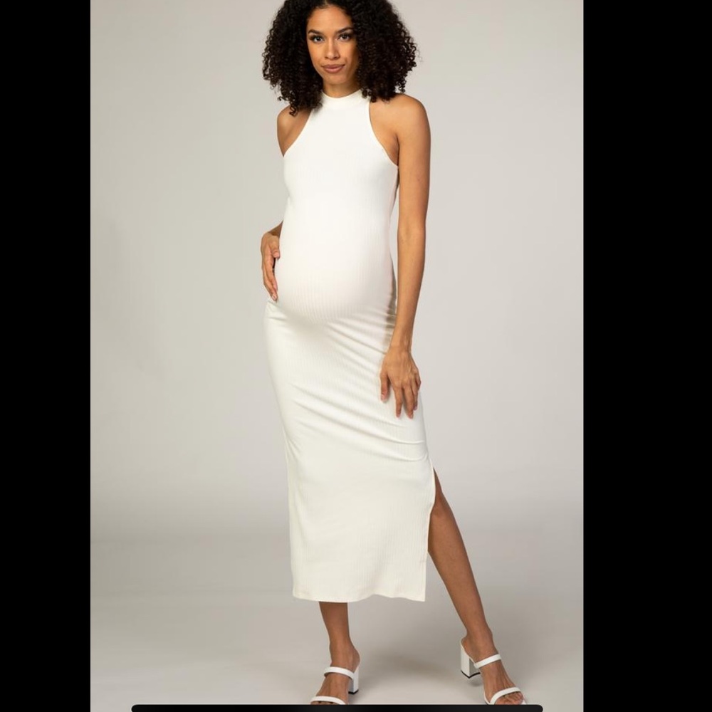 Cream Ribbed Halter Neck Maternity Dress, Small